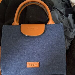 GUESS Navy Denim Satchel with Tan Trim